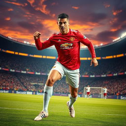 A dramatic scene featuring a powerful male soccer player, inspired by the athleticism and charisma of Cristiano Ronaldo
