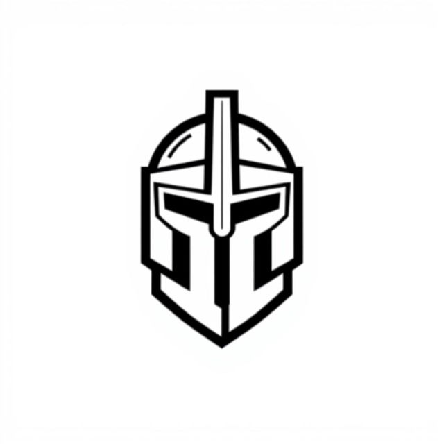 A minimalistic logo featuring a stylized black pixelated knight helmet design on a white background