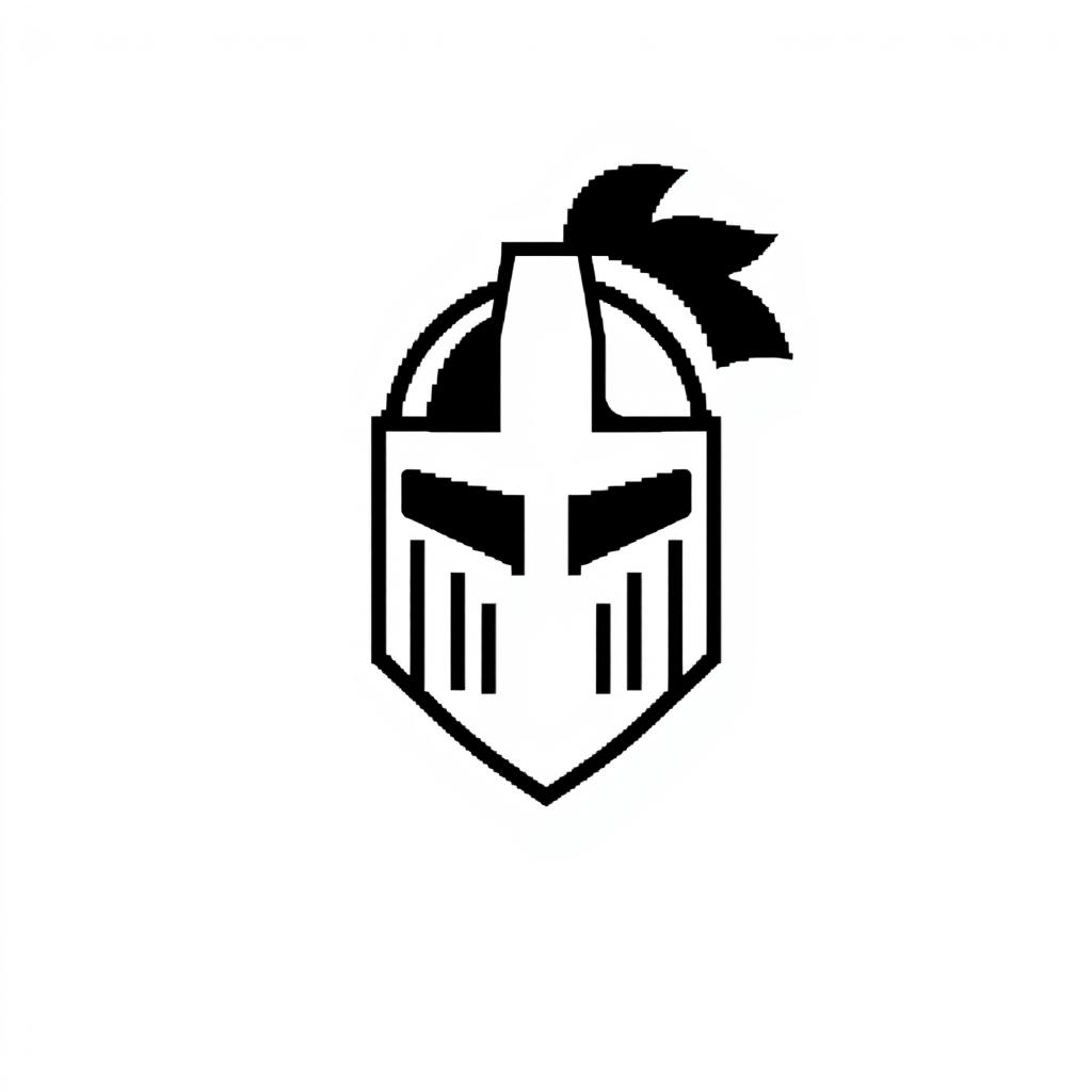 A minimalistic logo featuring a stylized black pixelated knight helmet design on a white background