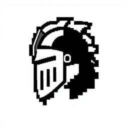 A minimalistic logo featuring a stylized black pixelated knight helmet design on a white background