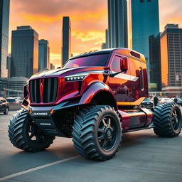 A futuristic Koenigsegg-styled truck designed with cutting-edge elements, featuring sleek aerodynamic lines, an aggressive front grille, and high-tech headlights