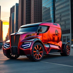 A futuristic Koenigsegg-styled truck designed with cutting-edge elements, featuring sleek aerodynamic lines, an aggressive front grille, and high-tech headlights