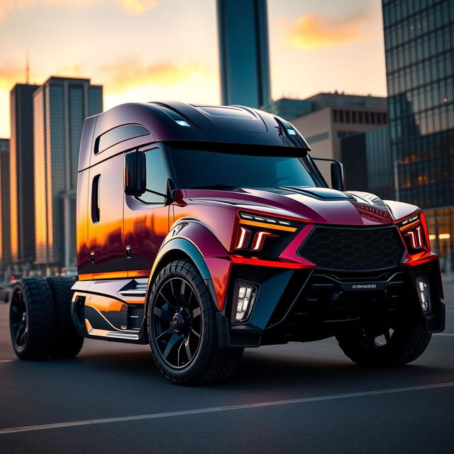 A futuristic Koenigsegg-styled truck designed with cutting-edge elements, featuring sleek aerodynamic lines, an aggressive front grille, and high-tech headlights