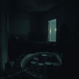 A dark and cold house interior with a person huddled in a corner, trying to keep warm