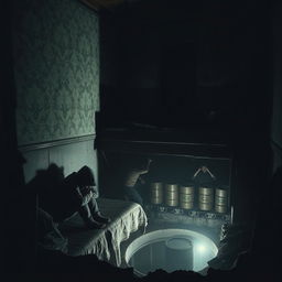 A dark and cold house interior with a person huddled in a corner, trying to keep warm