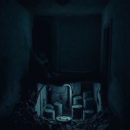 A dark and cold house interior with a person huddled in a corner, trying to keep warm