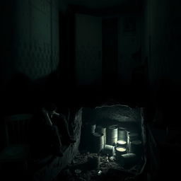 A dark and cold house interior with a person huddled in a corner, trying to keep warm