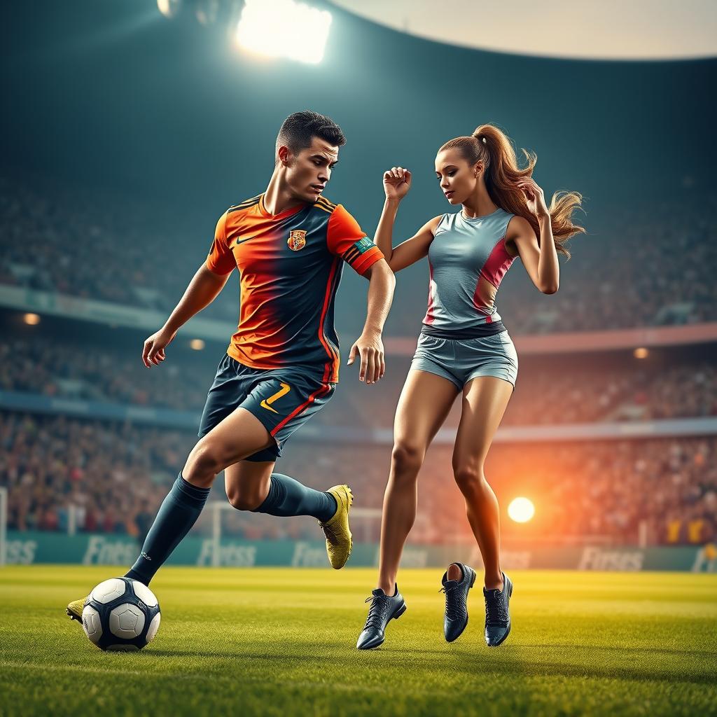 A stylized digital artwork of a famous soccer player resembling Cristiano Ronaldo, showcasing his impressive athleticism and confidence on the field