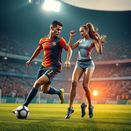 A stylized digital artwork of a famous soccer player resembling Cristiano Ronaldo, showcasing his impressive athleticism and confidence on the field