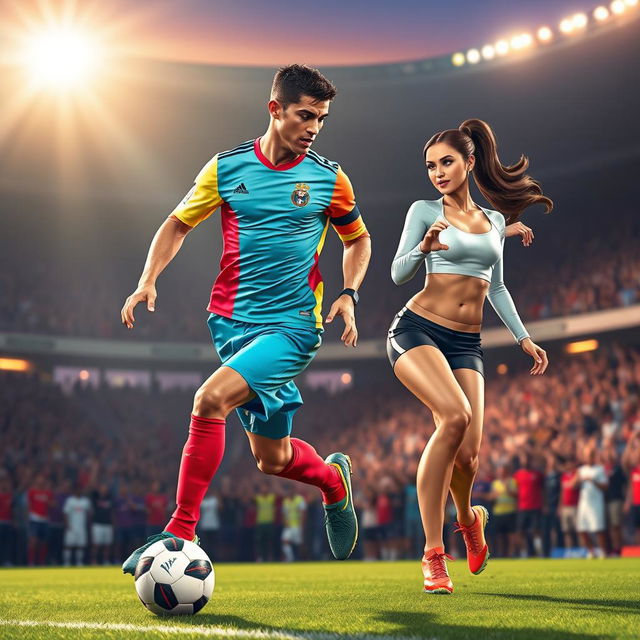 A stylized digital artwork of a famous soccer player resembling Cristiano Ronaldo, showcasing his impressive athleticism and confidence on the field