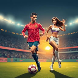 A stylized digital artwork of a famous soccer player resembling Cristiano Ronaldo, showcasing his impressive athleticism and confidence on the field