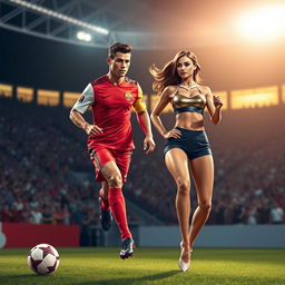 A stylized digital artwork of a famous soccer player resembling Cristiano Ronaldo, showcasing his impressive athleticism and confidence on the field
