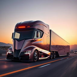 A futuristic Koenigsegg-styled semi-truck featuring cutting-edge design elements, characterized by sleek aerodynamic lines and an imposing front profile