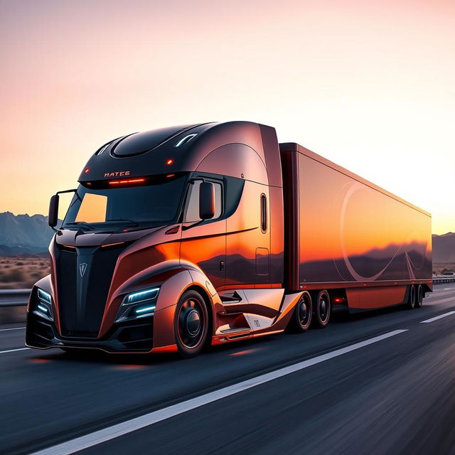 A futuristic Koenigsegg-styled semi-truck featuring cutting-edge design elements, characterized by sleek aerodynamic lines and an imposing front profile