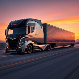 A futuristic Koenigsegg-styled semi-truck featuring cutting-edge design elements, characterized by sleek aerodynamic lines and an imposing front profile