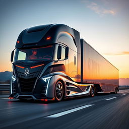 A futuristic Koenigsegg-styled semi-truck featuring cutting-edge design elements, characterized by sleek aerodynamic lines and an imposing front profile