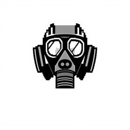 A minimalistic logo featuring a stylized black pixelated gas mask design on a white background