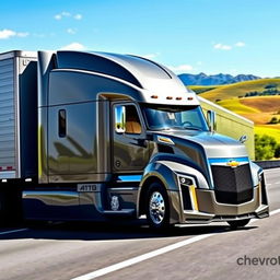 A Chevrolet-branded semi-truck featuring cutting-edge design elements, showcasing a robust and muscular body with sharp lines and an aggressive front fascia