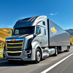 A Chevrolet-branded semi-truck featuring cutting-edge design elements, showcasing a robust and muscular body with sharp lines and an aggressive front fascia