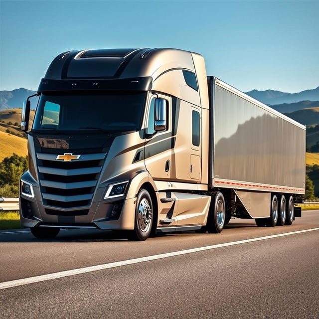 A Chevrolet-branded semi-truck featuring cutting-edge design elements, showcasing a robust and muscular body with sharp lines and an aggressive front fascia