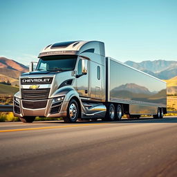 A Chevrolet-branded semi-truck featuring cutting-edge design elements, showcasing a robust and muscular body with sharp lines and an aggressive front fascia