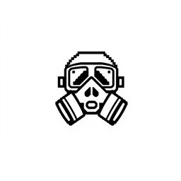 A minimalistic logo featuring a stylized black pixelated gas mask design on a white background
