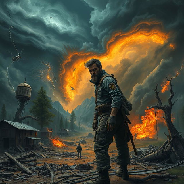 An apocalyptic scene depicting a world in chaos, with dramatic landscapes showcasing natural disasters such as tornadoes, earthquakes, and wildfires