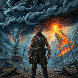An apocalyptic scene depicting a world in chaos, with dramatic landscapes showcasing natural disasters such as tornadoes, earthquakes, and wildfires