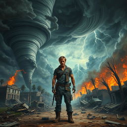 An apocalyptic scene depicting a world in chaos, with dramatic landscapes showcasing natural disasters such as tornadoes, earthquakes, and wildfires