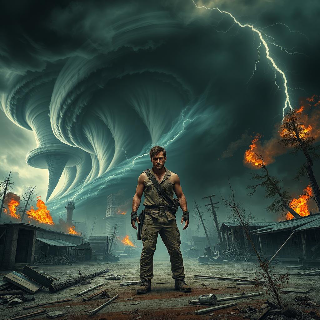 An apocalyptic scene depicting a world in chaos, with dramatic landscapes showcasing natural disasters such as tornadoes, earthquakes, and wildfires