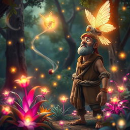 In a whimsical forest setting, a frightened village chief, depicted as a middle-aged man wearing rustic, traditional clothing, stands in a clearing surrounded by vibrant, glowing plants