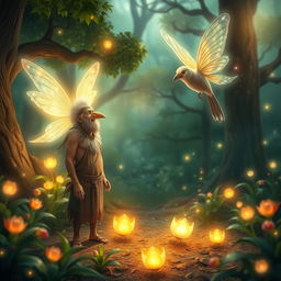 In a whimsical forest setting, a frightened village chief, depicted as a middle-aged man wearing rustic, traditional clothing, stands in a clearing surrounded by vibrant, glowing plants