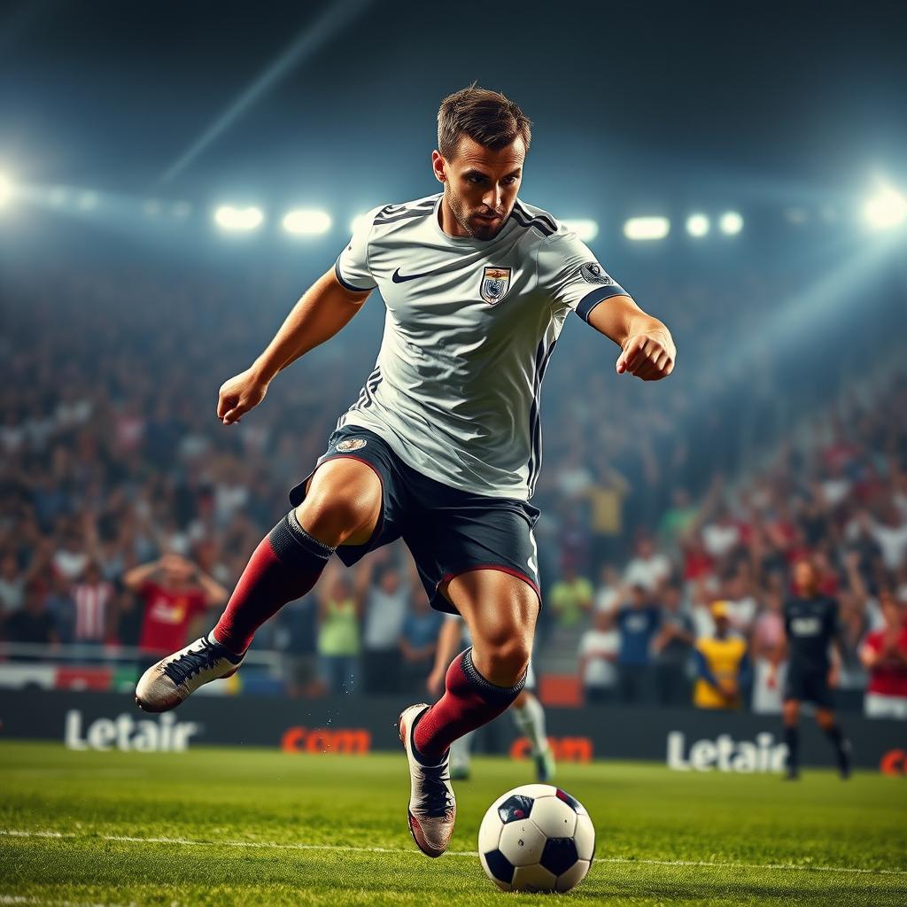 A powerful and dynamic image of a professional soccer player resembling a skilled striker, showcasing impressive athleticism and skill on the field