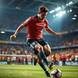 A powerful and dynamic image of a professional soccer player resembling a skilled striker, showcasing impressive athleticism and skill on the field