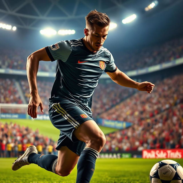 A powerful and dynamic image of a professional soccer player resembling a skilled striker, showcasing impressive athleticism and skill on the field
