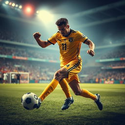 A powerful and dynamic image of a professional soccer player resembling a skilled striker, showcasing impressive athleticism and skill on the field