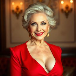 An attractive 60-year-old woman, confidently posing in front of the camera with a provocative facial expression