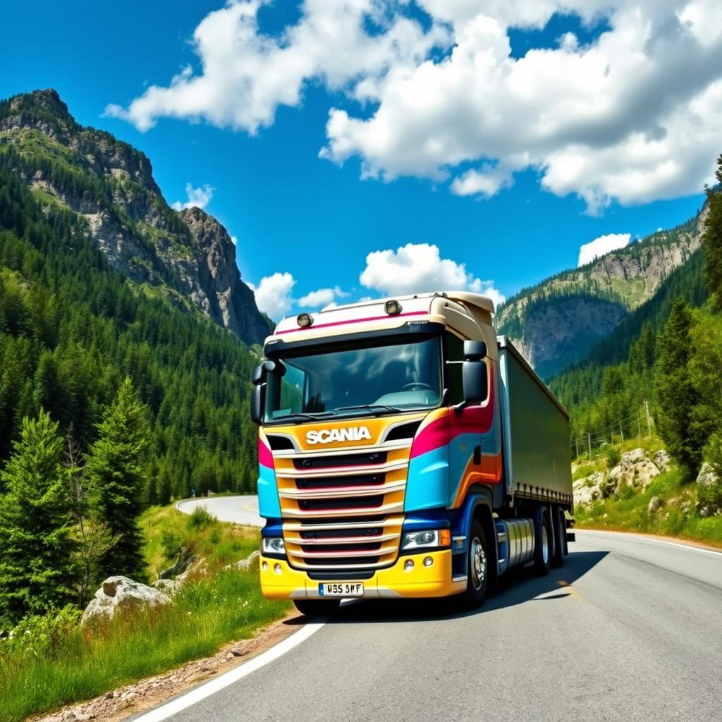 A striking Scania truck on a winding mountain road, surrounded by lush green forests and dramatic rocky cliffs