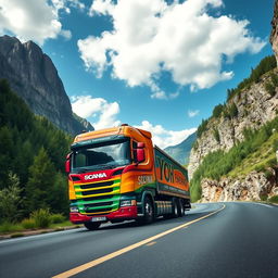A striking Scania truck on a winding mountain road, surrounded by lush green forests and dramatic rocky cliffs