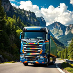 A striking Scania truck on a winding mountain road, surrounded by lush green forests and dramatic rocky cliffs