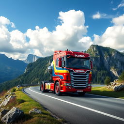 A striking Scania truck on a winding mountain road, surrounded by lush green forests and dramatic rocky cliffs