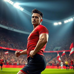 A realistic portrait of a male soccer player in a dynamic pose, exuding confidence and charisma