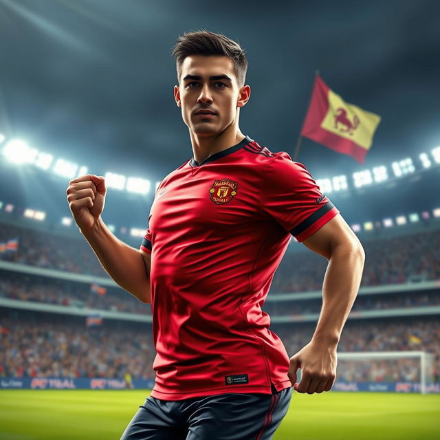 A realistic portrait of a male soccer player in a dynamic pose, exuding confidence and charisma