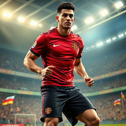 A realistic portrait of a male soccer player in a dynamic pose, exuding confidence and charisma