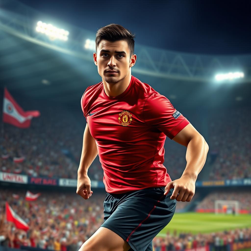 A realistic portrait of a male soccer player in a dynamic pose, exuding confidence and charisma