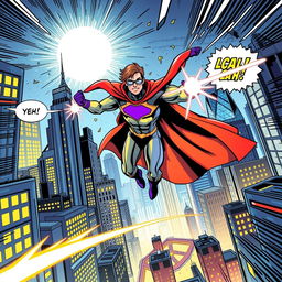 A vibrant comic book scene depicting a superhero in action, soaring through a dynamic cityscape filled with towering skyscrapers and bright lights