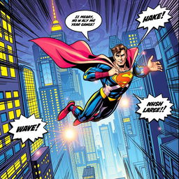 A vibrant comic book scene depicting a superhero in action, soaring through a dynamic cityscape filled with towering skyscrapers and bright lights