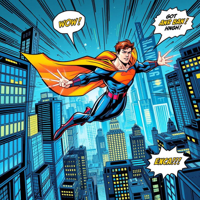 A vibrant comic book scene depicting a superhero in action, soaring through a dynamic cityscape filled with towering skyscrapers and bright lights