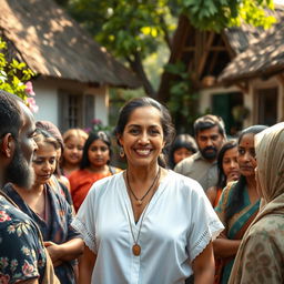 In the center of a quaint, rustic village, a woman named Maya stands gracefully, engaging with a diverse group of villagers