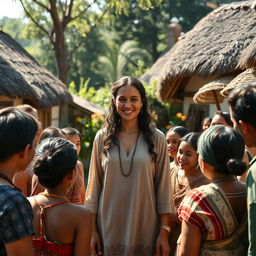 In the center of a quaint, rustic village, a woman named Maya stands gracefully, engaging with a diverse group of villagers
